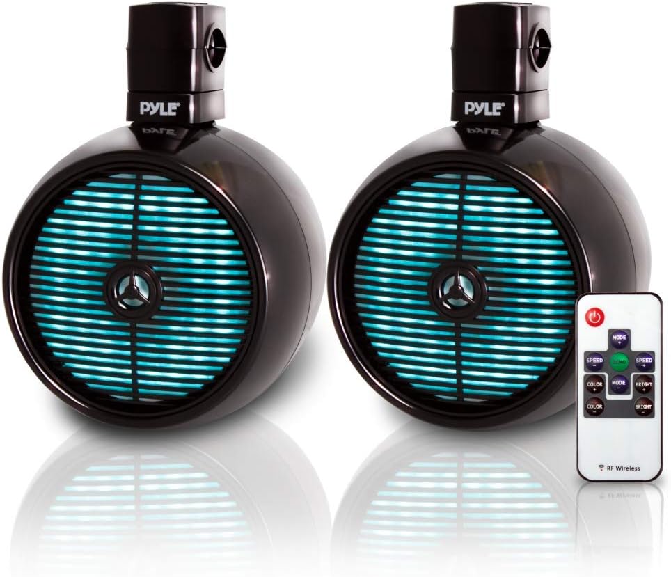 Pyle Marine Speakers - 8 Inch Waterproof IP44 Rated Wakeboard Tower and Weather Resistant Outdoor Audio Stereo Sound System with Built-in LED Lights - 1 Pair in Black (PLMRWB858LE)
