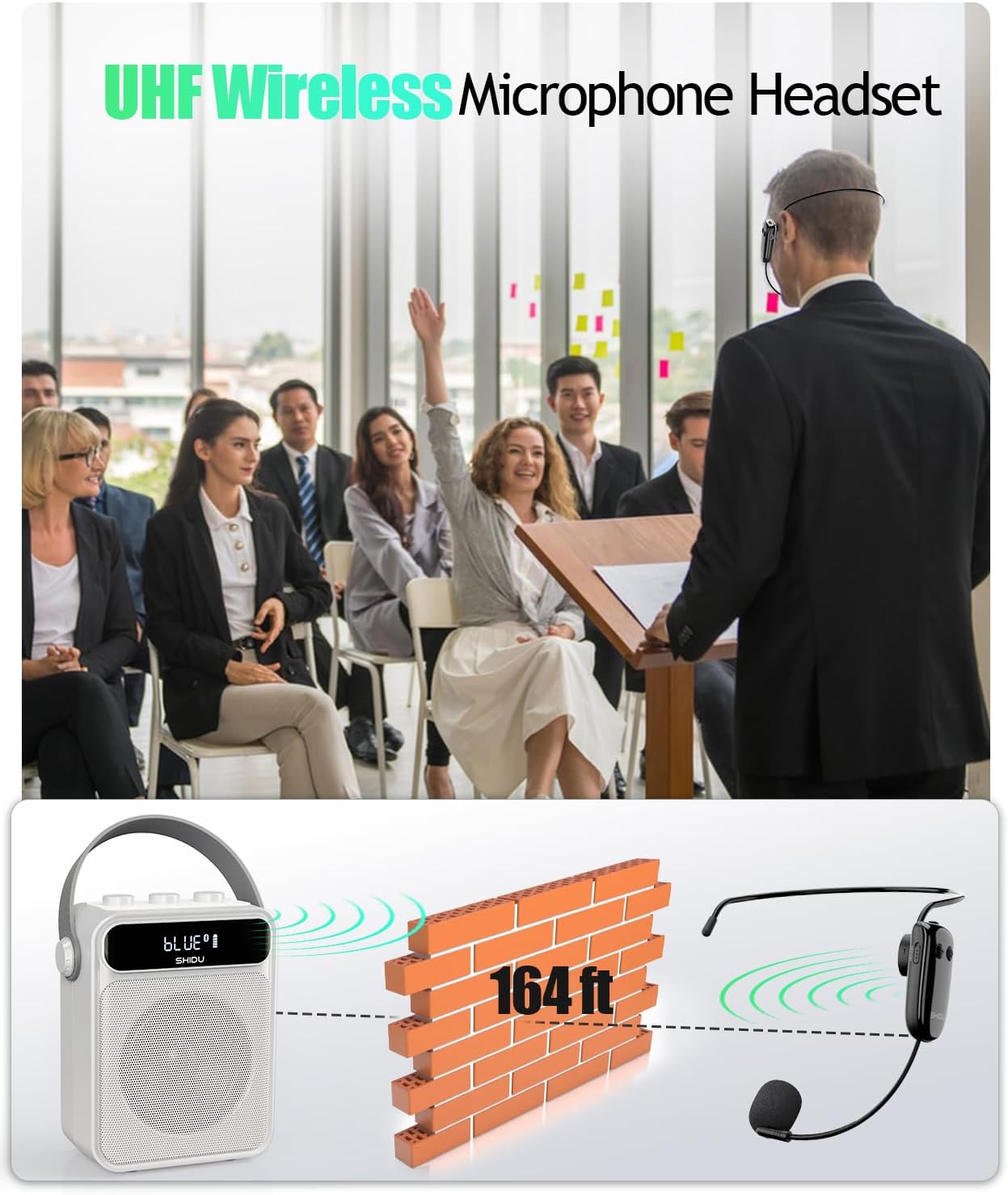 SHIDU 40W Portable Voice Amplifier with Wireless Microphone Headset,Rechargeable Bluetooth Megaphone for Teachers, Instructors, Public Speaking | Classroom, Outdoor, Meetings (Model S95)