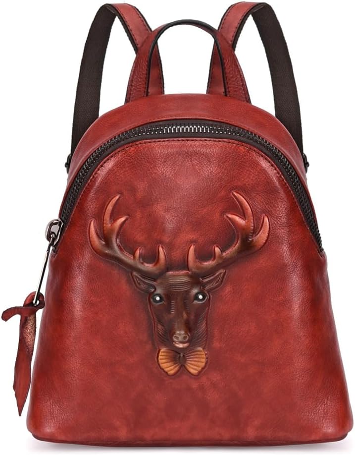 Vintage Genuine Leather Backpack Unisex Handmade Practical Daypack for Daily Commute Travel and Work Gift Box (Red)