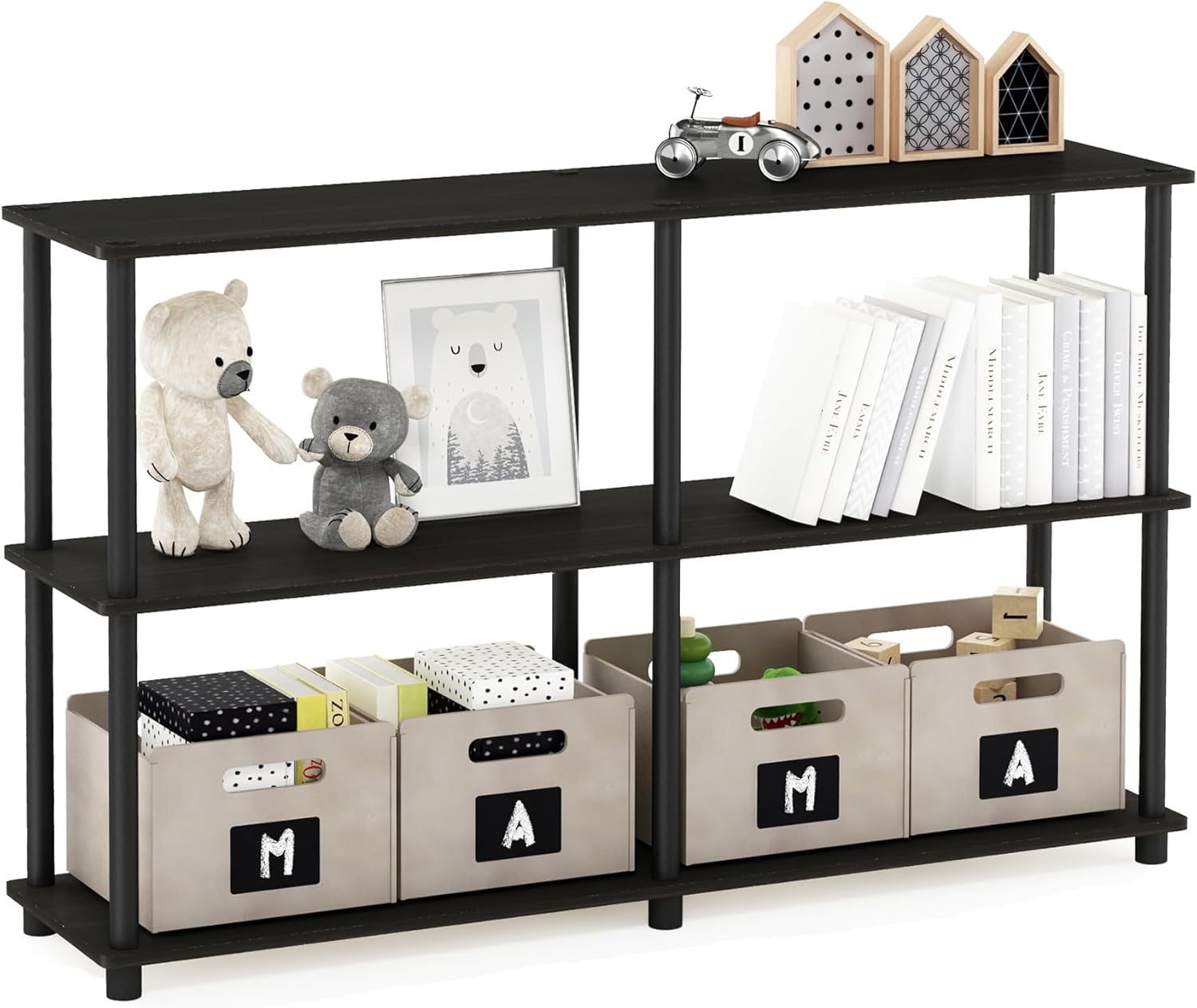 Furinno TURN-N-TUBE Storage Shelves, 3-Tier 47.4 Wide Book Shelf, Corner Shelf, Toolless Open Shelves, for Organization and Storage, Living Room, Garage, Home Office, Espresso