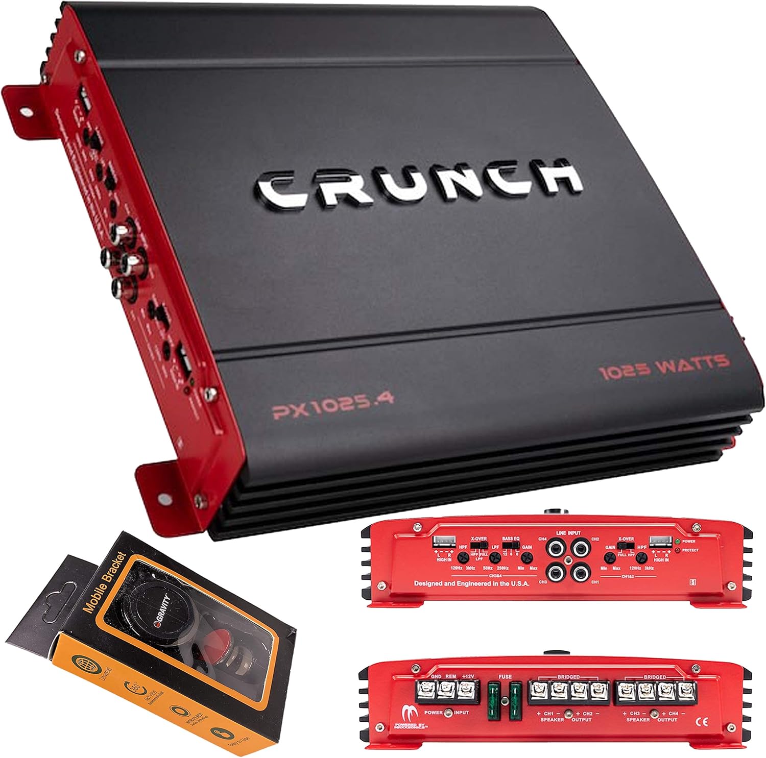 Crunch PX-1025.4 1000W Powerzone Series 2-ohm Stable 4-Channel Class-A/B Amplifier with Gravity Magnet Phone Holder Bundle
