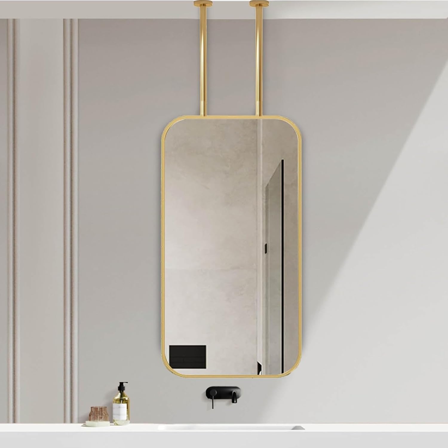 Ceiling Mounted Bathroom Mirror Hanging Bathroom Vanity Mount Mirrors Corner Mirror Wall Mount Pivot Metal Pole Ceiling Suspended Mirror Square Mirror For Ceiling Hanging Rod Bedroom Entryway Decor(A