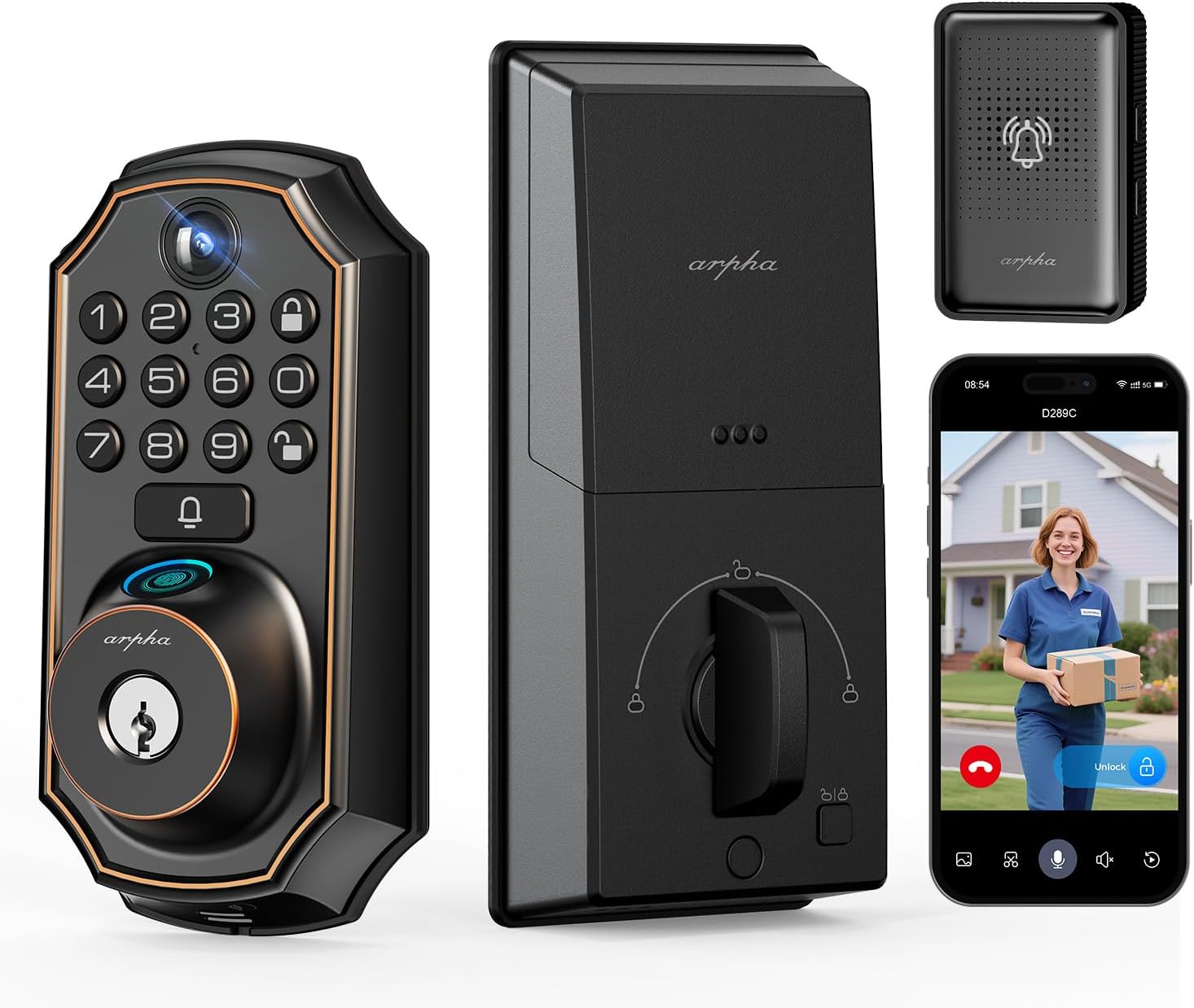 Keyless Entry Deadbolt - WiFi Video Smart Lock with Camera, 5-in-1 (Camera+Doorbell+Fingerprint+Keypad), App Control, Two-Way Audio, Waterproof, Easy Installation