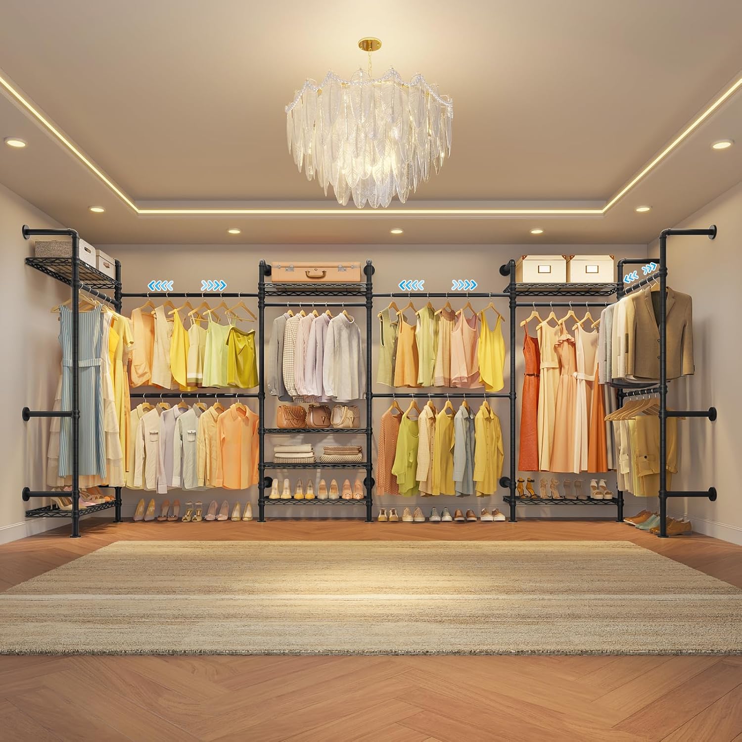 Timate L6 Closet Rack Wall Mount for Corner - Expandable Industrial Pipe Closet , Heavy Duty Hanging Garment Rack, Closet Organizer Storage Solution for Wardrobe, Bedroom, Walk-in Closets, Black