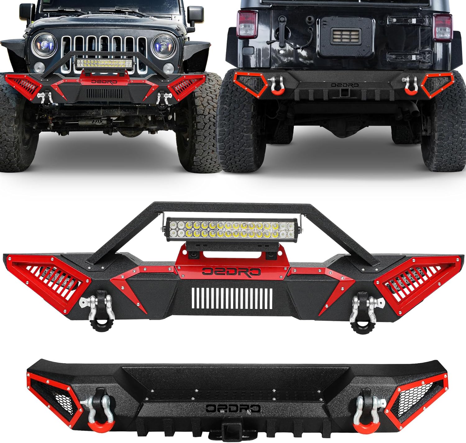OEDRO Front and Rear Bumper Compatible with 2007-2018 Wrangler JK & JKU Unlimited (2/4 Doors), Full Width Rear Bumper with LED Lights, Winch Plate, Paintable Armor, D-Rings