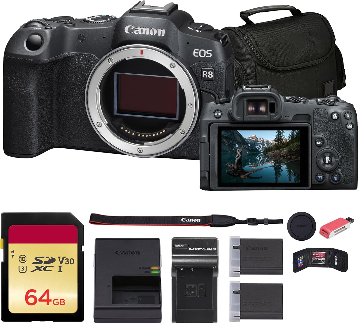 Canon EOS R8 Mirrorless Camera (5803C002) + 64GB Memory Card + Bag + Charger + LPE17 Battery + Card Reader + Memory Wallet + Cleaning Kit (Renewed)