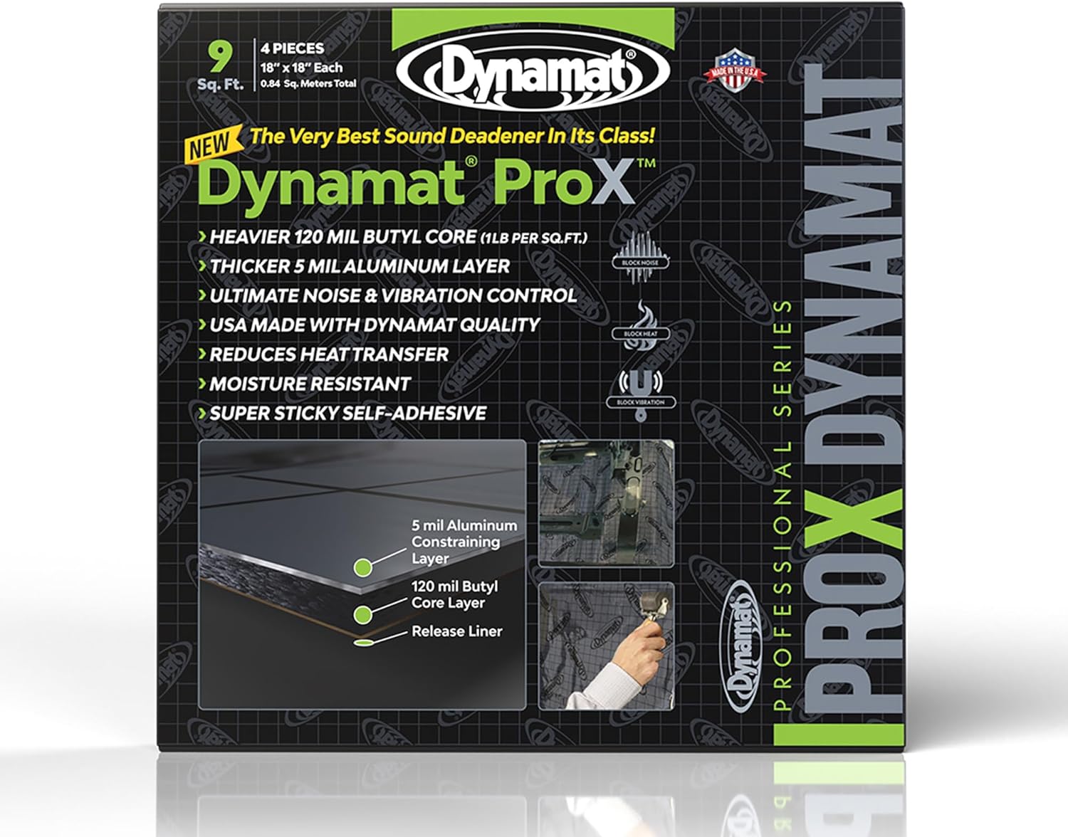 Dynamat Prox Sound Deadening Car Insulation – Professional, Extra-Thick Noise Dampening for Floor, Doors, Panels, Hood or Trunk – Easy Self Adhesive Install – Made in USA – 4 Sheets 18”x18”, 9 sq ft