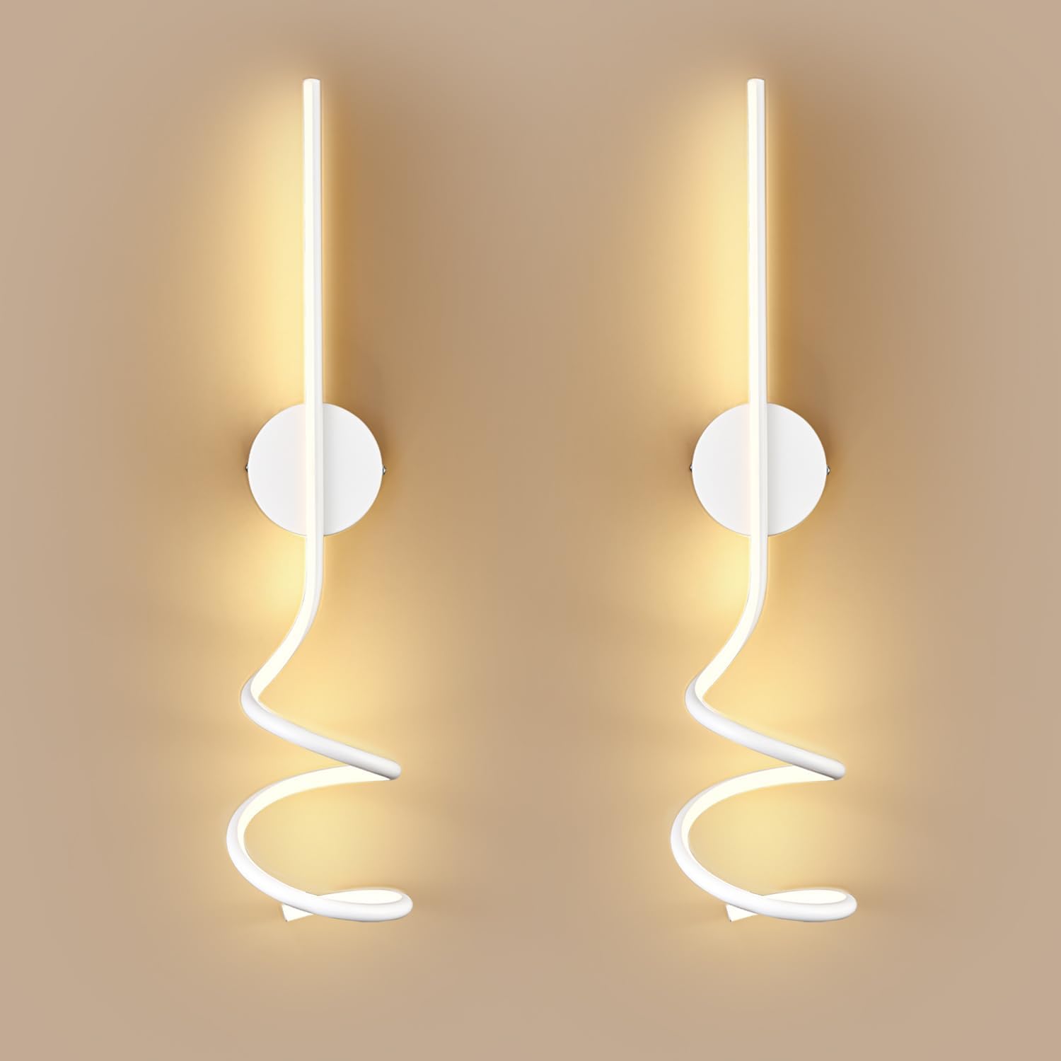 Wall Sconces Set of Two, White Modern Spiral LED Wall Light Fixtures, Hardwire Minimalist Indoor Wall Mount Lighting, Linear Sconces Wall Light Set of 2 for Living Room Bedroom Vanity Gallery Hallway