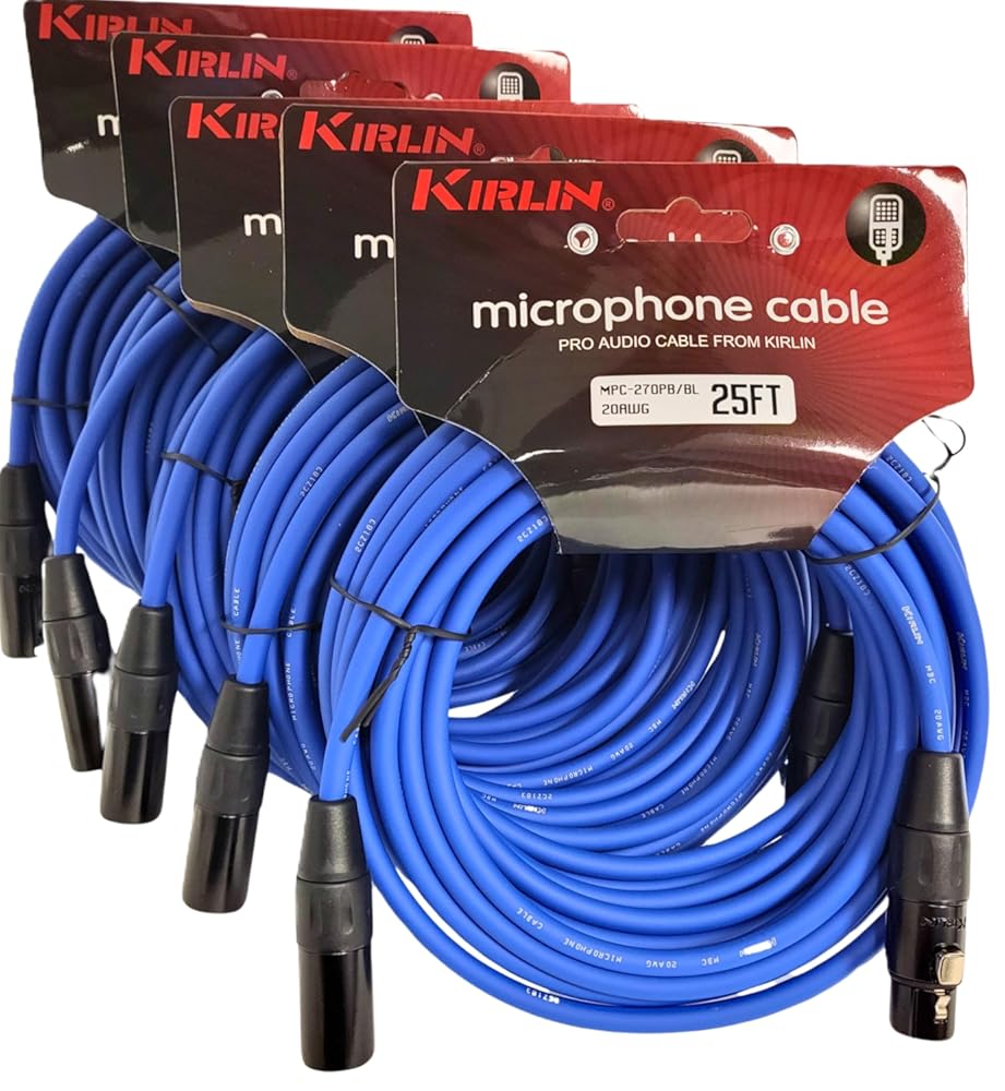 KIRLIN 5-Pack XLR 20AWG Microphone Cable 25 Feet, Blue PVC Jacket. Ideal for Studio Monitors, Audio Mixers, PA Systems, DMX Stage Lights, Amplifier, Camara, Speaker, & Equalizer., MPC-270 PB-25/BL