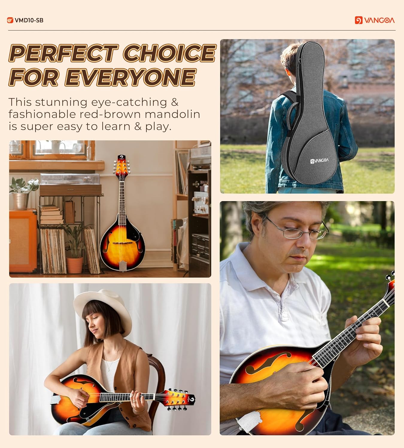 Vangoa Mandolin Musical Instrument A Style, Acoustic Mandolin Instrument Kit Italian 8 String for Professional Beginners Adults Teens Youth Kids, Sunburst, Glossy