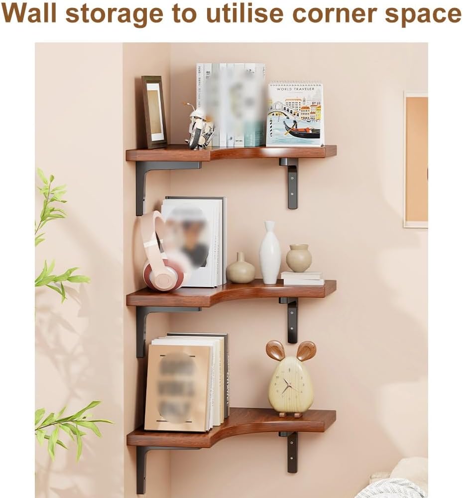 Bookshelf Wall Storage Rack Corner Triangle Shelveing Unit,Rustic Wood Wall Storage Display Shelves for Living Room Bedroom Kitchen (Original Wood 2 Tier)