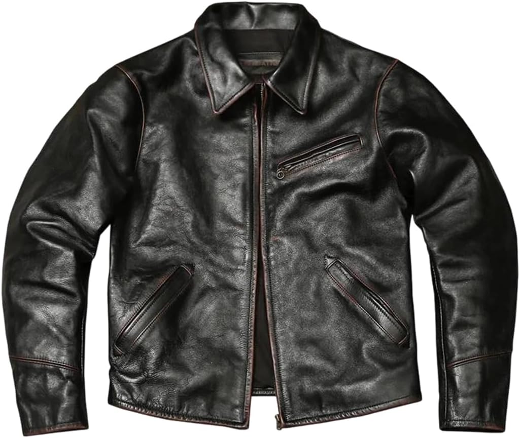 Men Vintage Style Plus Size Genuine Natural Cowhide Turn-Down Collar Leather Jacket Coat