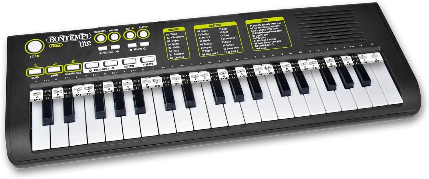 Bontempi | KeyRhythm 37 Keys Digital Keyboard, 2 cm Pitch with Learning Function, Headphone Socket, USB-C, 544 x 184 x 54 mm, for Kids and Beginners