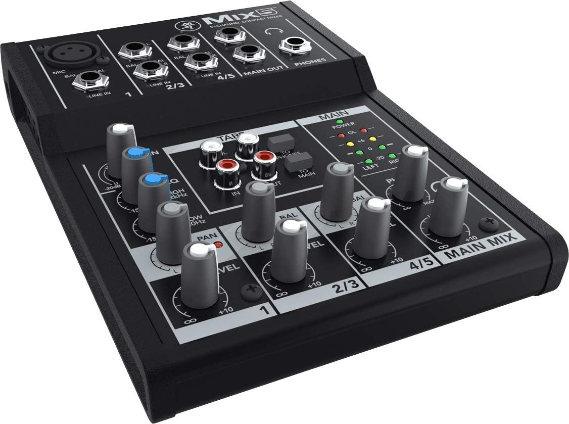 Mackie Mix5 5-Channel Compact Mixer, 1 Mic/Line Input, Main L/R Outputs, 8 Channel Faders, Phantom Power