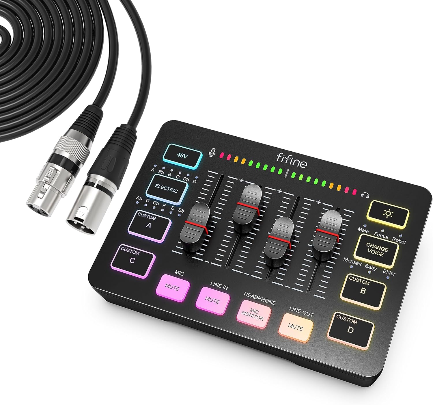 FIFINE Gaming Audio Mixer with XLR Cable Bundle, Streaming RGB PC Mixer with Microphone Cable, XLR Interface, Volume Faders, Mute Button, Computer Mic for Recording/Podcast/Vocal/Game Voice (SC3+L9)