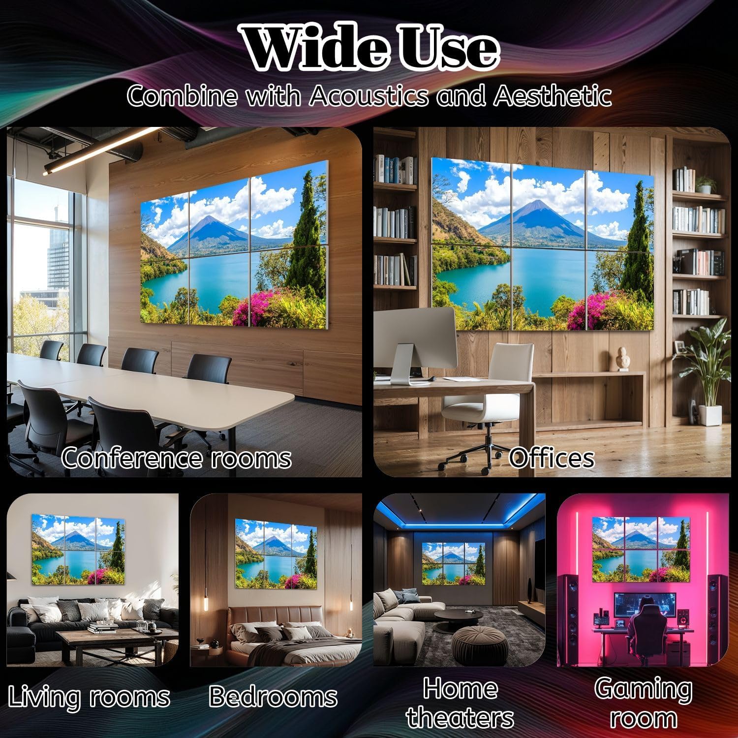 6 Pack Art Acoustic Panels Beautiful bay Lake Atitlan view to Volcano San highlands Guatemala Sound Absorbing Panel 48