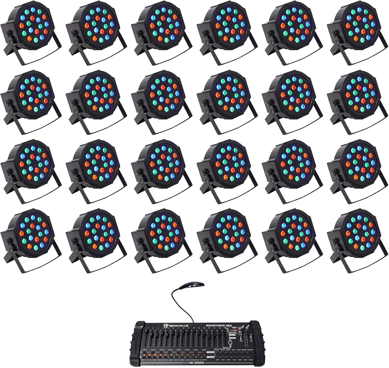 Rockville RockPAR50 Bundle: (24) LED RGB Par Can DMX Wash Lights with Dual Bracket, ROCKFORCE 384 Channel Lighting Controller with MIDI, for DJ and Club Rigs, Sound-Active and Master/Slave, 25-Items