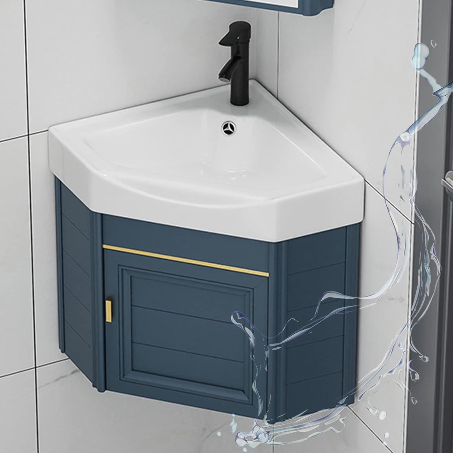 Small Corner Bathroom Vanity Vessel Cabinet Sink Combo Wall Mount Triangle Ceramic Counter Sinks with Hot and Cold Faucet and Overflow Utility Washing Hand Basin for Laundry Room Kitchen Patio ( Size