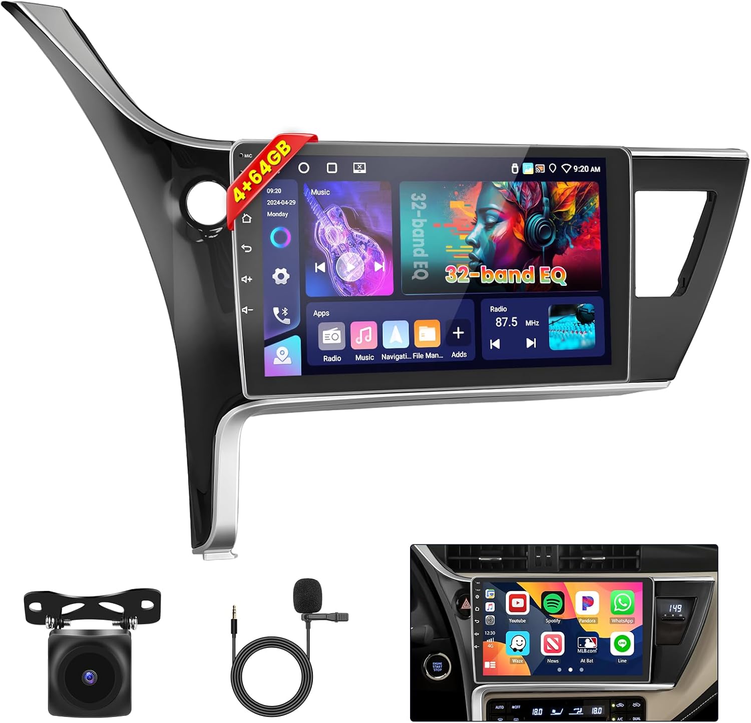 [4+64GB] Android 15 Car Radio for Toyota Corolla 2017-2018/Levin 2017 with Wireless Carplay/Android Auto, 10 Inch HD Touchscreen Car Stereo with WiFi GPS Bluetooth5.0 FM/RDS 32EQ SWC