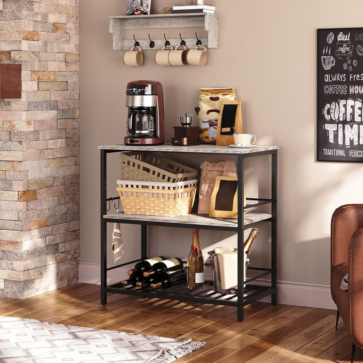 HOOBRO Kitchen Island Kitchen Island with Storage Bundle, Kitchen Island Table with Power Outlet, 3 Tier Coffee Station and Microwave Stand, Greige and Black BG021ZD01-BG08UZD01