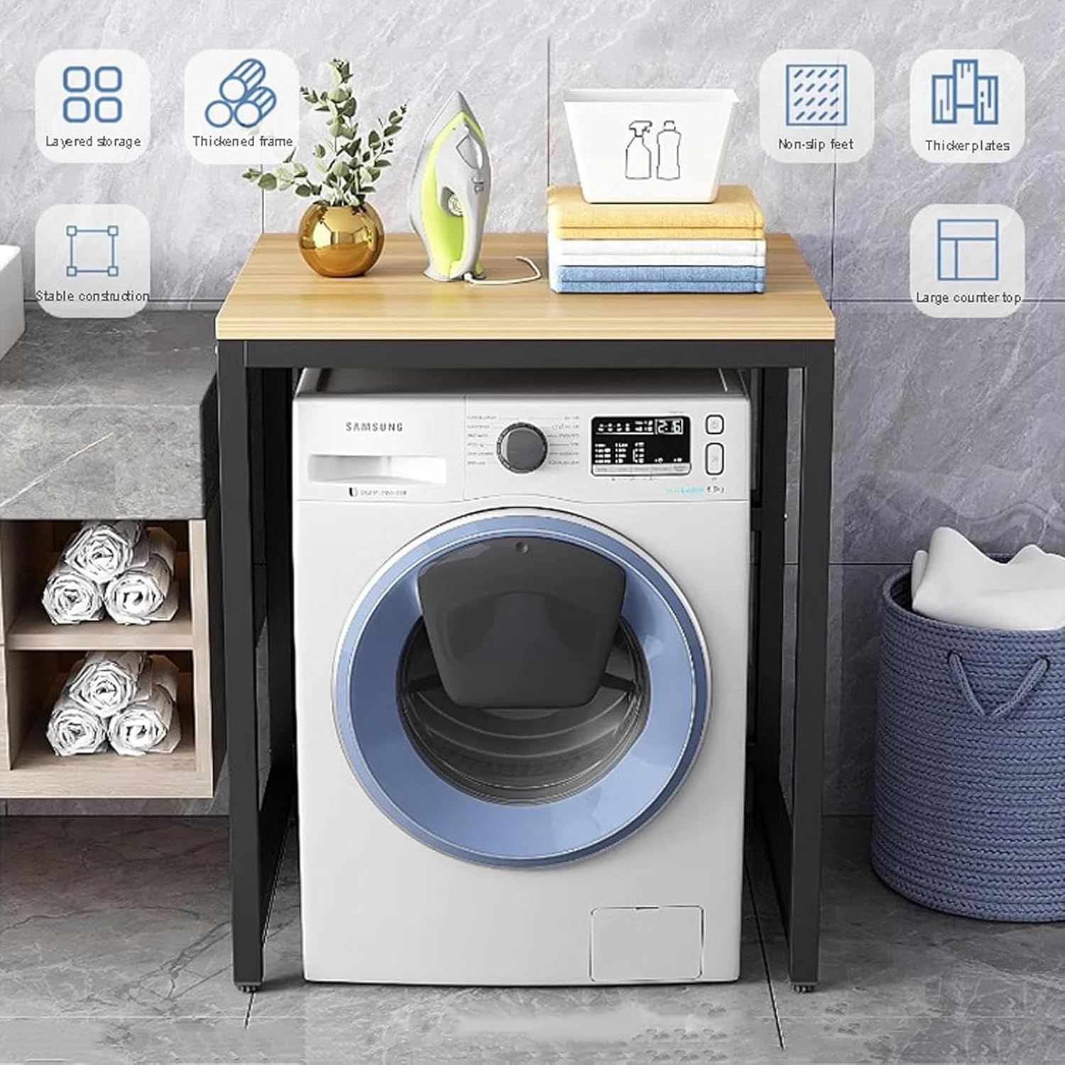 Drum Washing Machine Storage Rack Small Kitchen Bathroom Shelf with Adjustable Non Slip Feet, Space Saving Washing Machine Shelf Unit Freestanding Over Washing Machine Organiser Sh