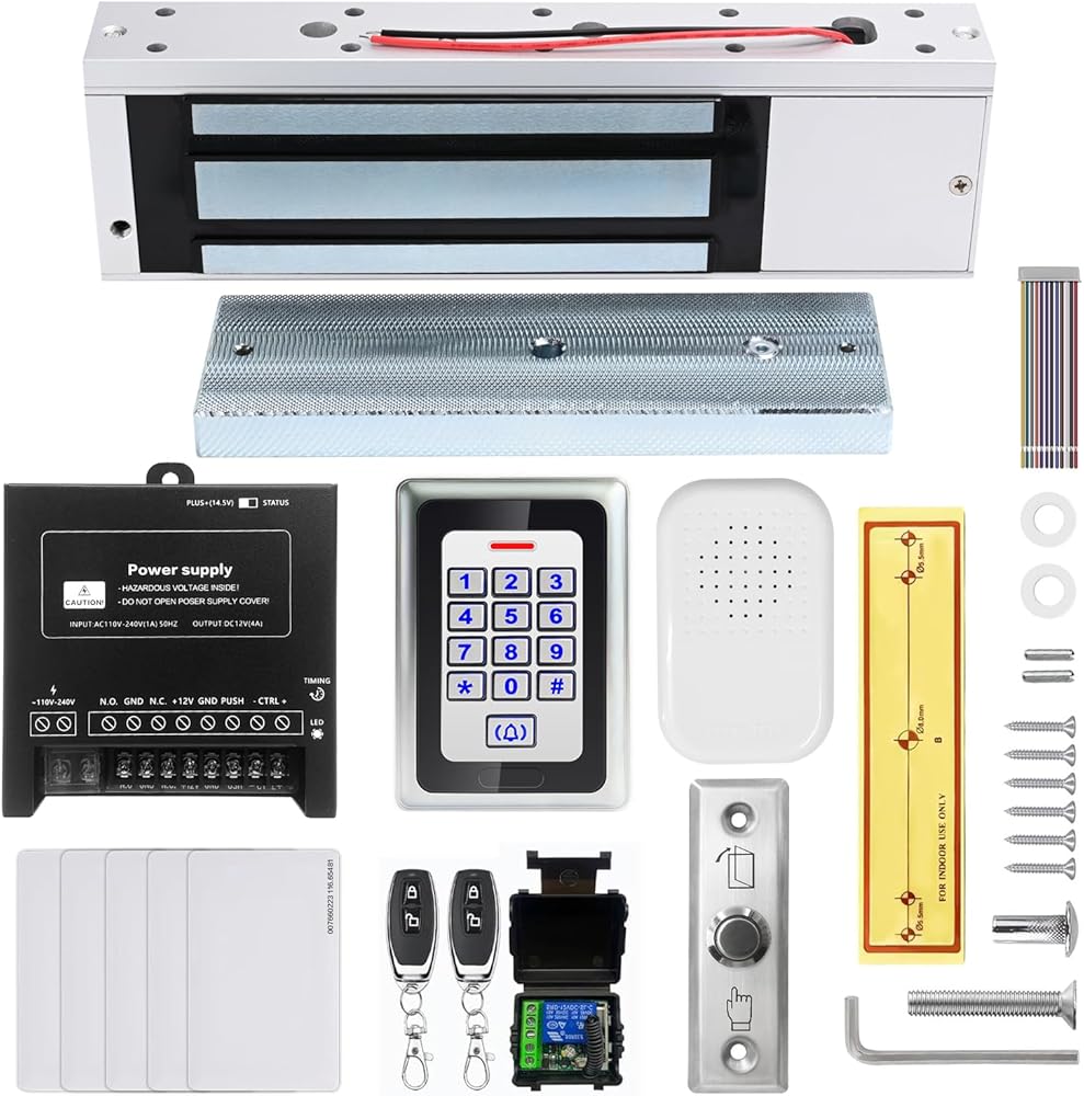 Access Control System 1200lb Electric Magnetic Door Lock Kit: RFID Keypad, Remotes, Exit Button, Close to Entry Keypad & ID Card with 110-240VAC to 12VDC Power Supply (500Kg / 1200LB Kits)