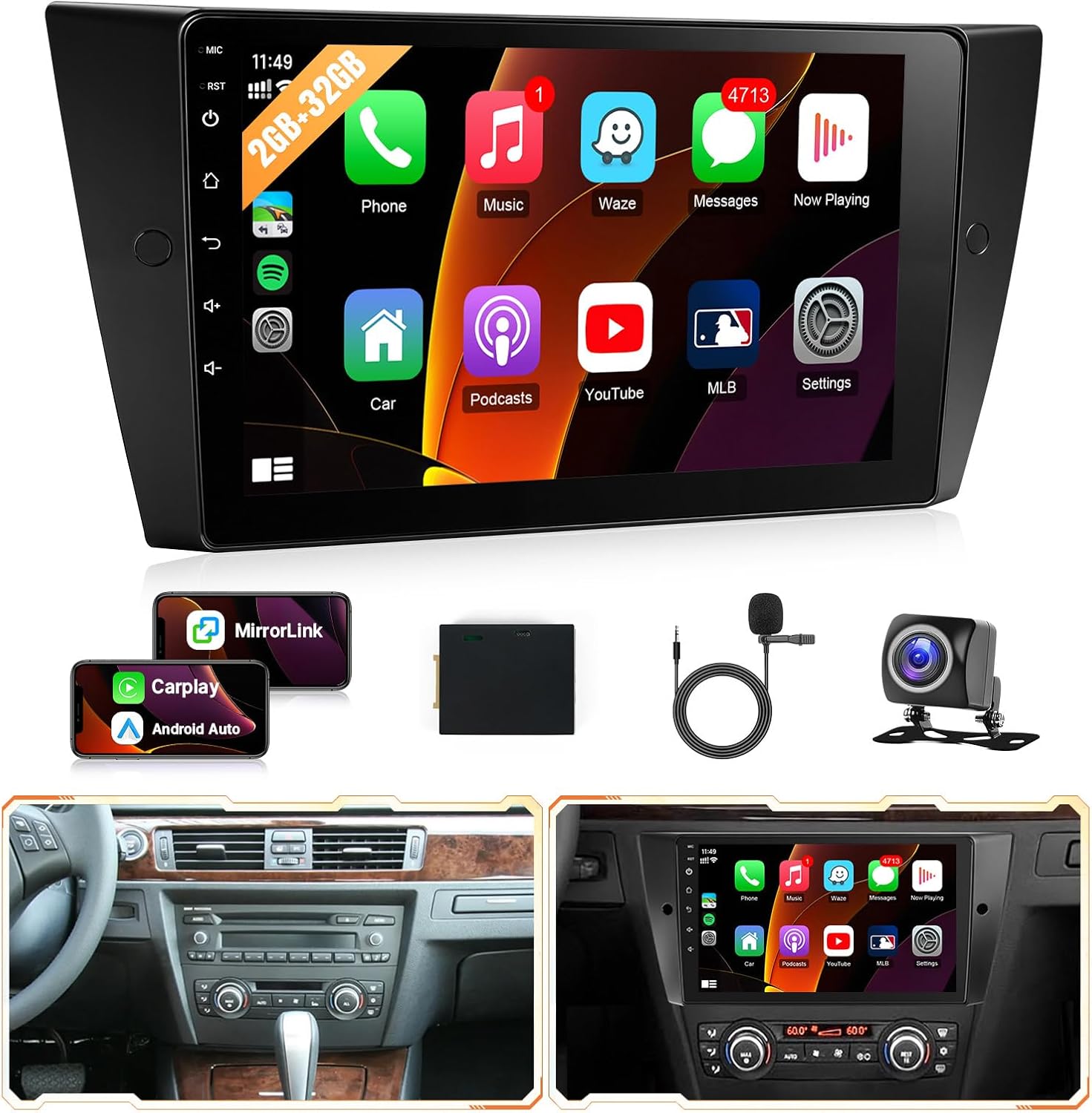 2+32GB Car Radio for BMW 3 Series 325i 328i 335i 2005-2011 (E90/E91/E92/E93) with CarPlay Android Auto - 9 Inch Touch Screen Head Unit Stereo with in-Dash GPS Bluetooth WiFi FM Backup Camera