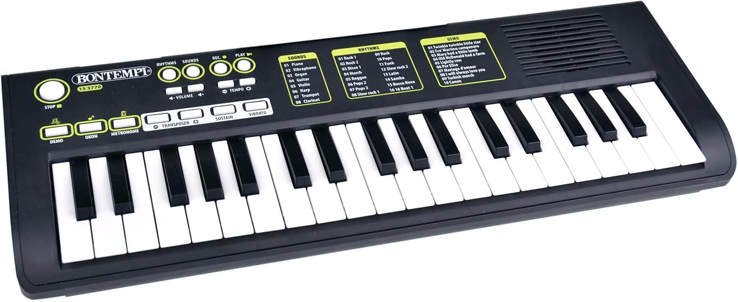 Bontempi | KeyRhythm 37 Keys Digital Keyboard, 2 cm Pitch with Learning Function, Headphone Socket, USB-C, 544 x 184 x 54 mm, for Kids and Beginners