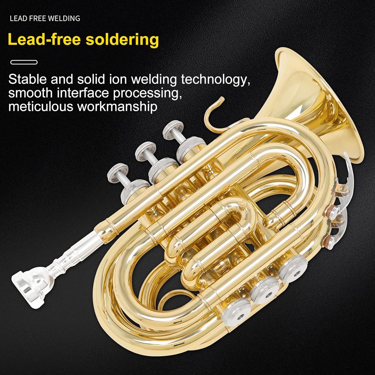 EB Pocket Trumpet Full Kit, Professional Pocket Trumpet Woodwind Instrument, Gold Lacquer Mini Trumpet Musical Instrument in E Flat for Beginner/Students/Performance, Gorgeous Sound