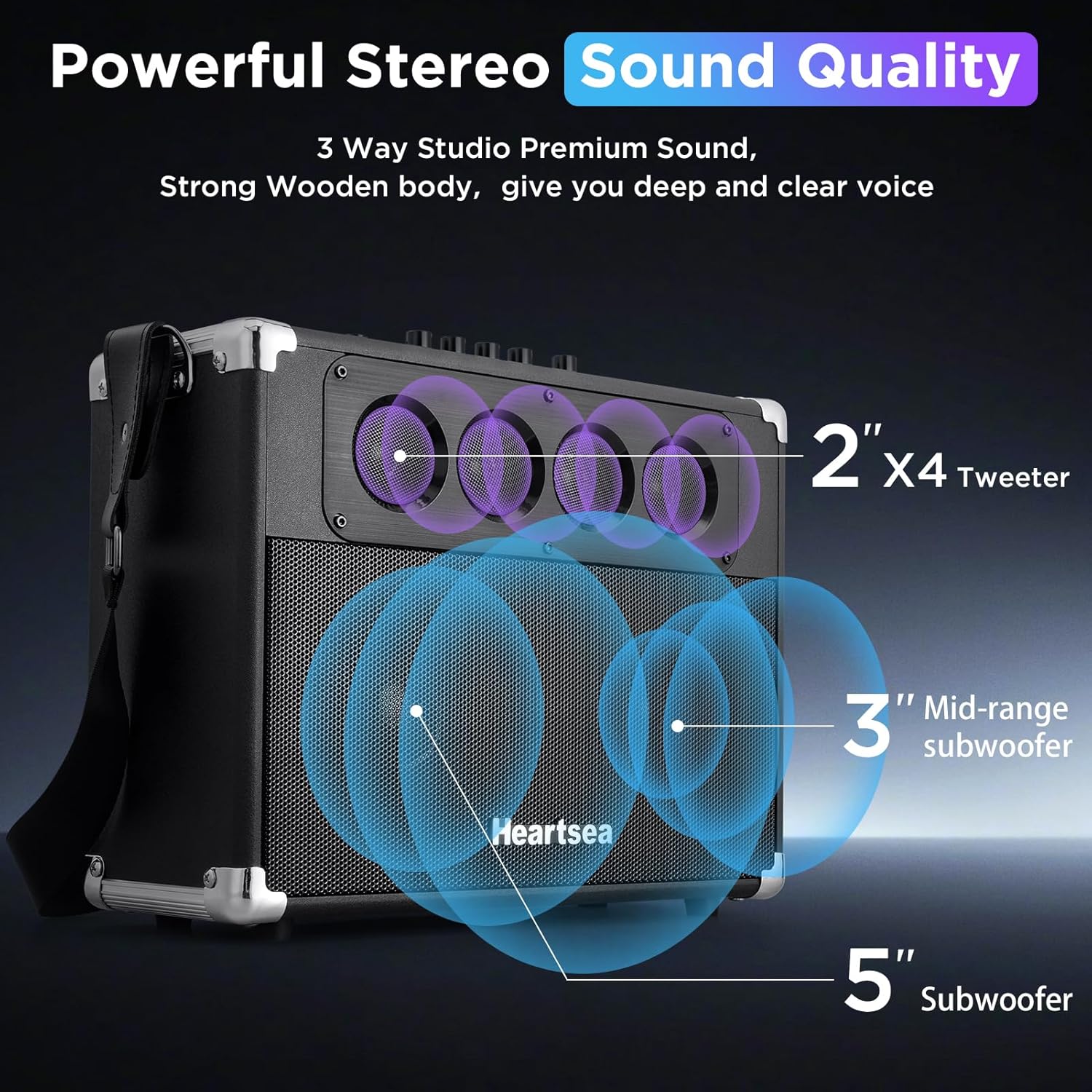HEARTSEA Karaoke Machine with 2 Wireless Microphones, Portable Bluetooth Karaoke Speaker for Adults, Home Party & Outdoor Use, 100W 3-Way PA System, TWS Pairing, Rechargeable Battery