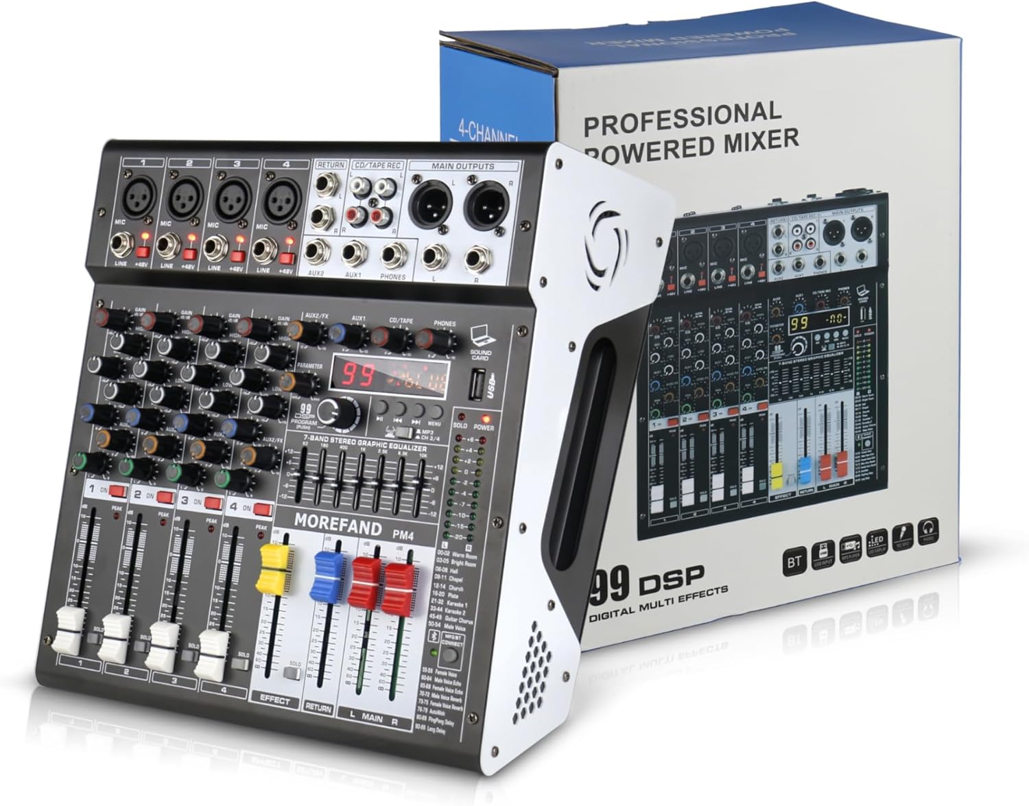PM4 Professional Audio Mixer,With power amplifier 4-Channel, 7-Band EQ, USB Interface, Digital Effects