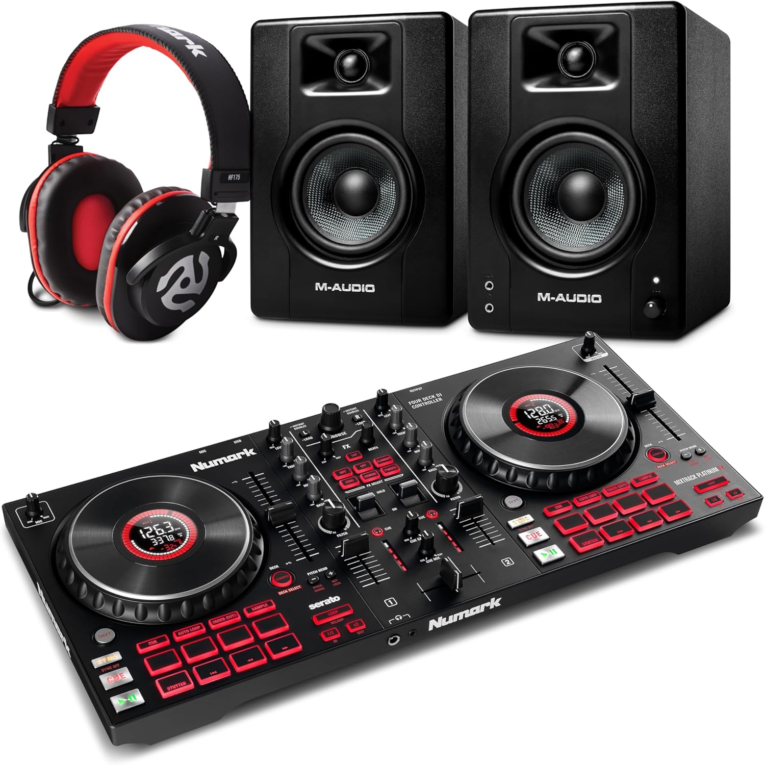 Numark Mixtrack Platinum FX DJ Controller and M-AUDIO BX3 Pair Studio Monitors with Headphones for Studio Recording, Music Production, Podcasting, Streaming