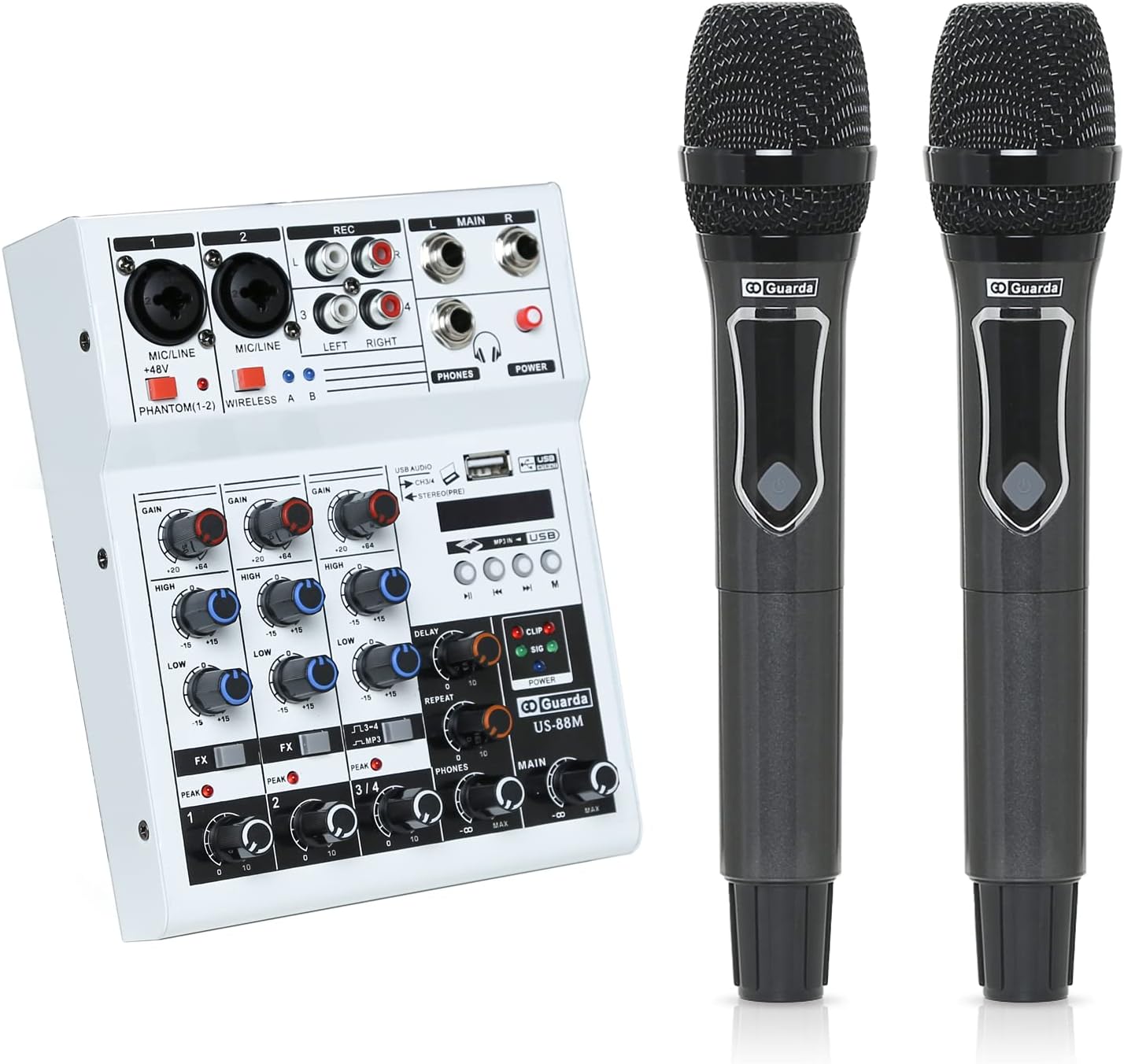 Professional Audio Mixer with Dual Wireless Microphone system set, 4-Channel Mixer, for karaoke, Singing, Amplifier, DJ Mixer, podcast interface, live, MP3, USB sound mixing console (GD Guarda US-88M)