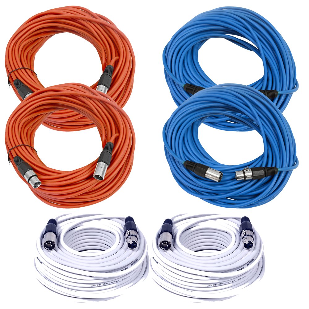 Seismic Audio - SAXLX-100-6 Pack of 100' Red, White Blue XLR Male to XLR Female Microphone Cables - Balanced - 100 Foot Patch Cords