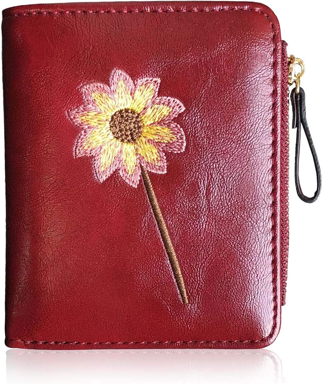 Real Leather Wallet Small Bifold RFID Blocking with Zipper Green (Red)