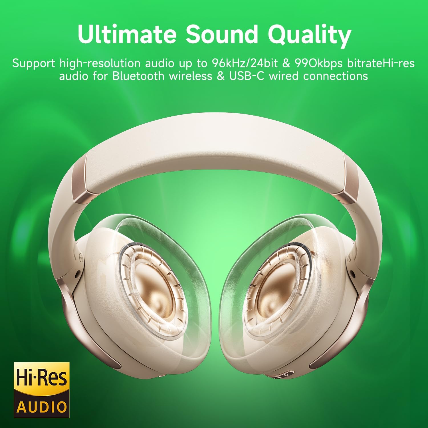 Wireless Hybrid Active Noise Cancelling Headphones, 50H Playtime Wireless Over Ear Headphones with Microphone, HiFi Deep Bass, Comfortable Foldable Earphones for Travel/Work (Off White)