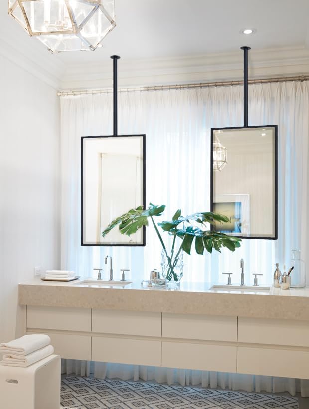 TEHOME Ceiling Mount Mirrors for bathrooms Suspend Black Metal Framed Rectangle ceil Mount Mirror for a Window Vanity with Adjustable Hanging Rod, Mirror Measures 20x30''