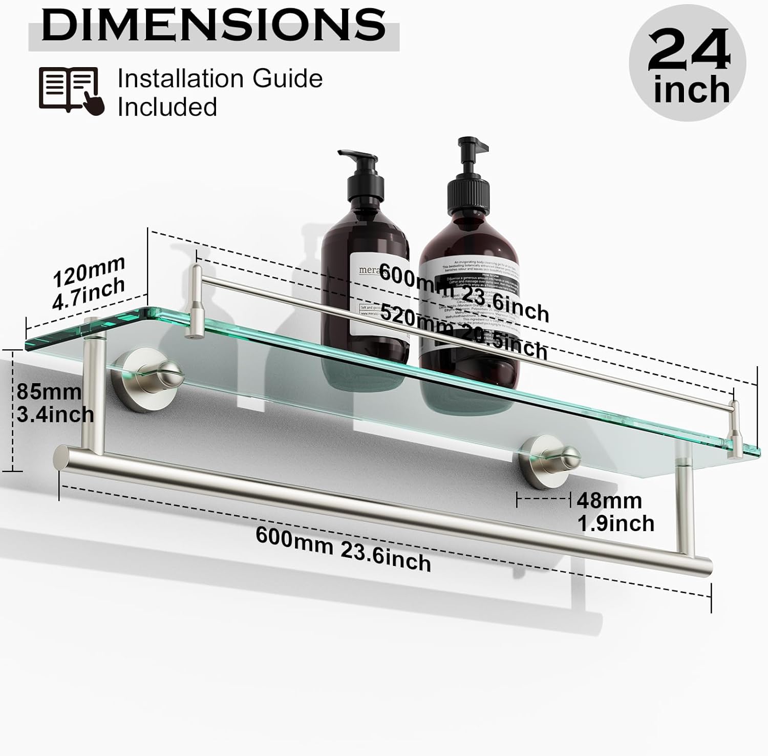 Glass Shelf for Bathroom 2 Pack,24-Inches Floating Glass Shelves Towel Bar/Track(Brushed Nickel)