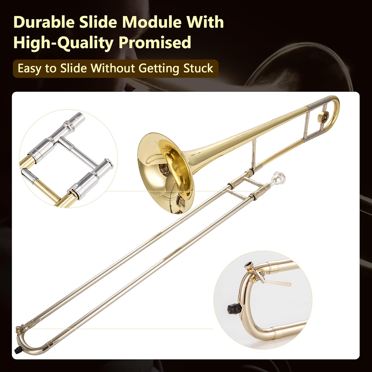 Bb Tenor Slide Trombone for Students Beginners, B Flat Brass Plated Trombone Instrument with Hard Case Mouthpiece White Gloves and Cleaning Kit (Gold)