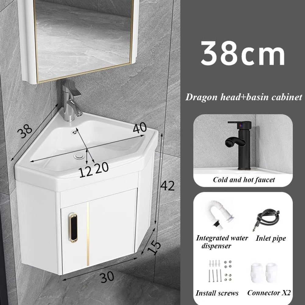 Etlegor Corner Bathroom Vanity Sink Combo, Wall Mount Small Utility Sink with Metals Cabinet Pedestal Sink Set with Faucet and Drain Console Sinks(White,38x38x42cm)