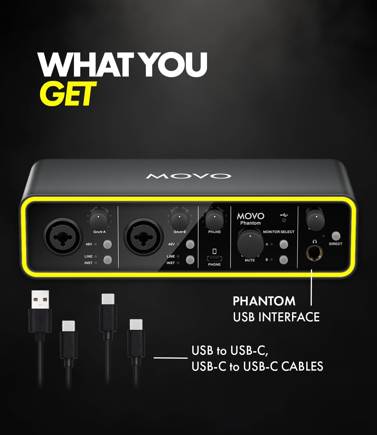 Movo Phantom Dual Channel USB/USB-C Audio Interface for Recording, Songwriting, Podcasting, Audio Production w/USB-C Smartphone Input Connection