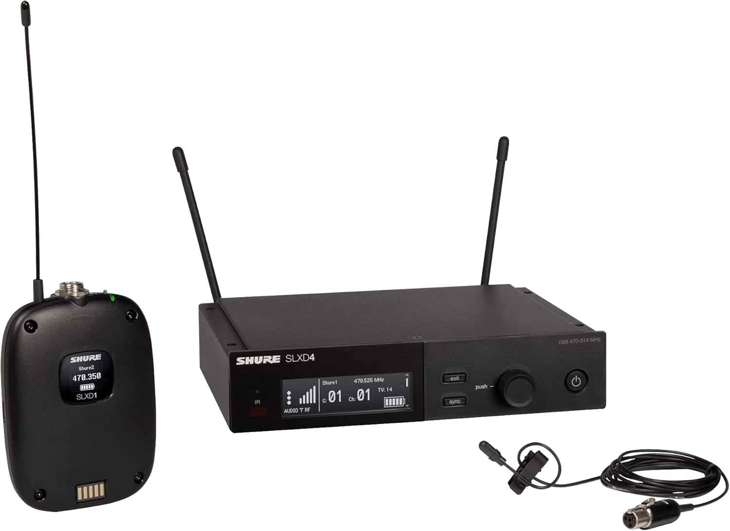Shure SLXD14/DL4B Digital Wireless Microphone System - Includes SLXD1 Bodypack Transmitter with DuraPlex DL4 Lavalier Mic & SLXD4 Single Channel Rack Mount Receiver | H55 Band (SLXD14/DL4B-G58)
