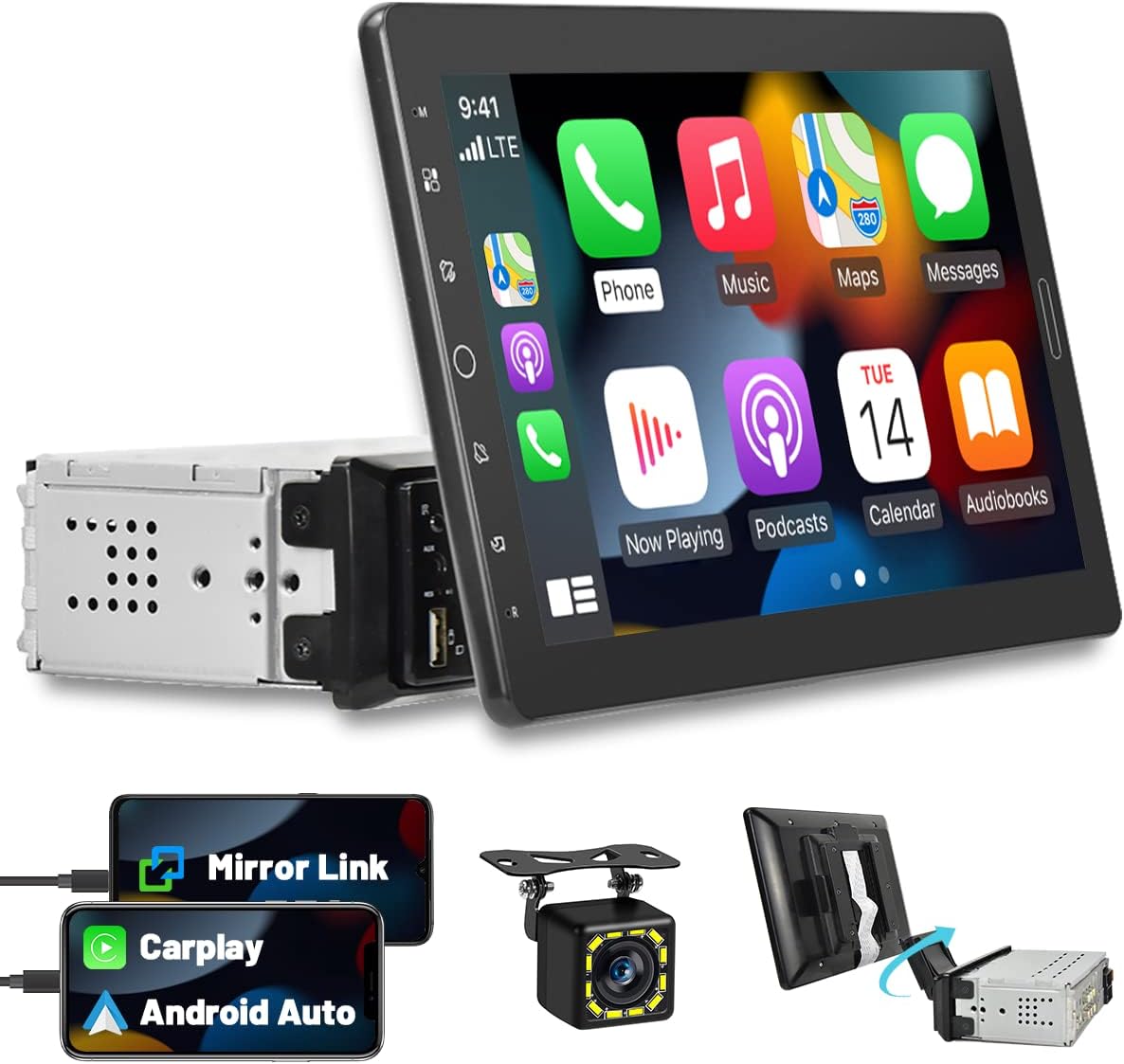 10.1 Inch Single Din Car Stereo Carplay, Removable Touch Screen Car Radio Android Auto, Detachable Screen 1 Din Head Unit Bluetooth Hands-Free Call, FM Audio Receiver with Mirror Link, Backup Camera