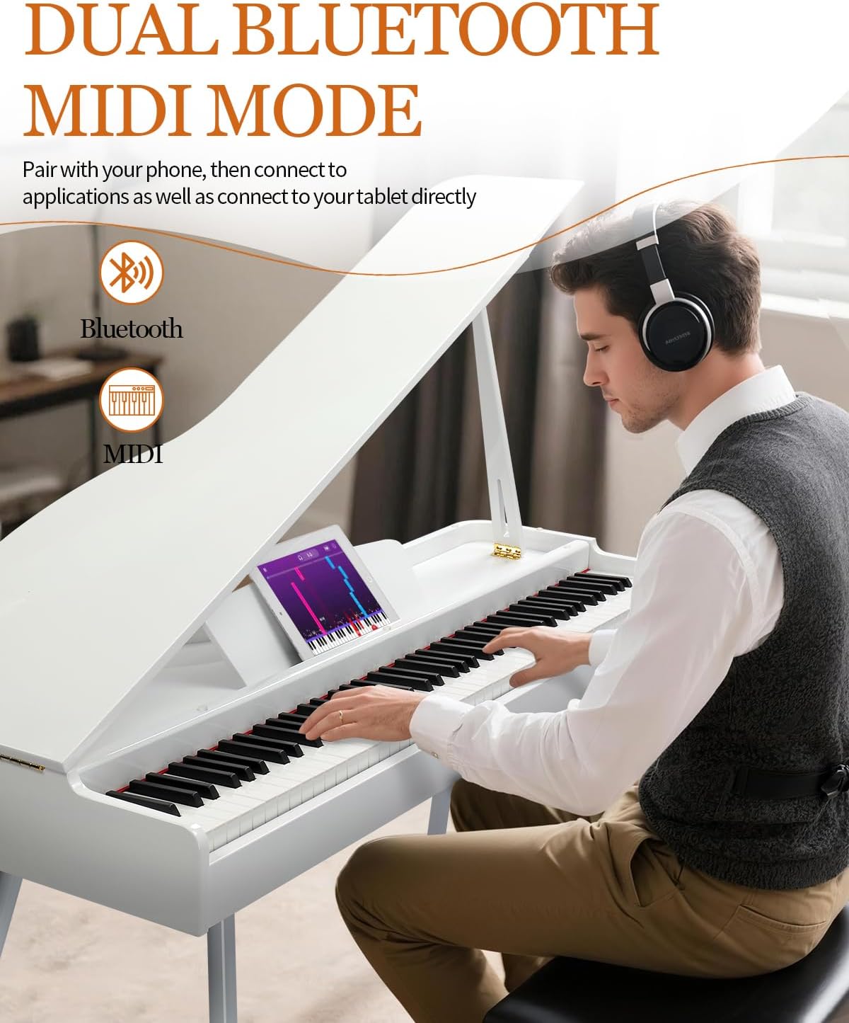 Ktaxon Grand Piano 88 Key Weighted Keyboard with High-Gloss Lacquer Finish, Streamlined Arched Body, Foldable Lid, Immersive 4-Speaker Sound, Bluetooth MIDI/Audio and Headphone jack (White)