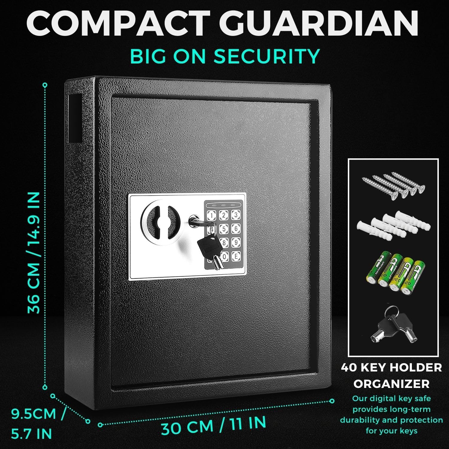 Flexzion Key Box Wall Mount With Code, Key Cabinet, Key Deposit Slot, 40 Key Holder Organizer Locker Case, Colored Key Tags Wall Mounted Lock Box For Keys Storage (Black)