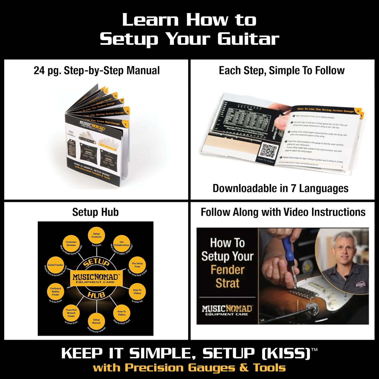 MusicNomad KEEP IT SIMPLE, SETUP (KISS)™ Starter Kit Bundle - 6 pc. Gauge Set, 26 pc. Guitar Tech Tool Set, 11 pc. Truss Rod Wrench Set (MN609)