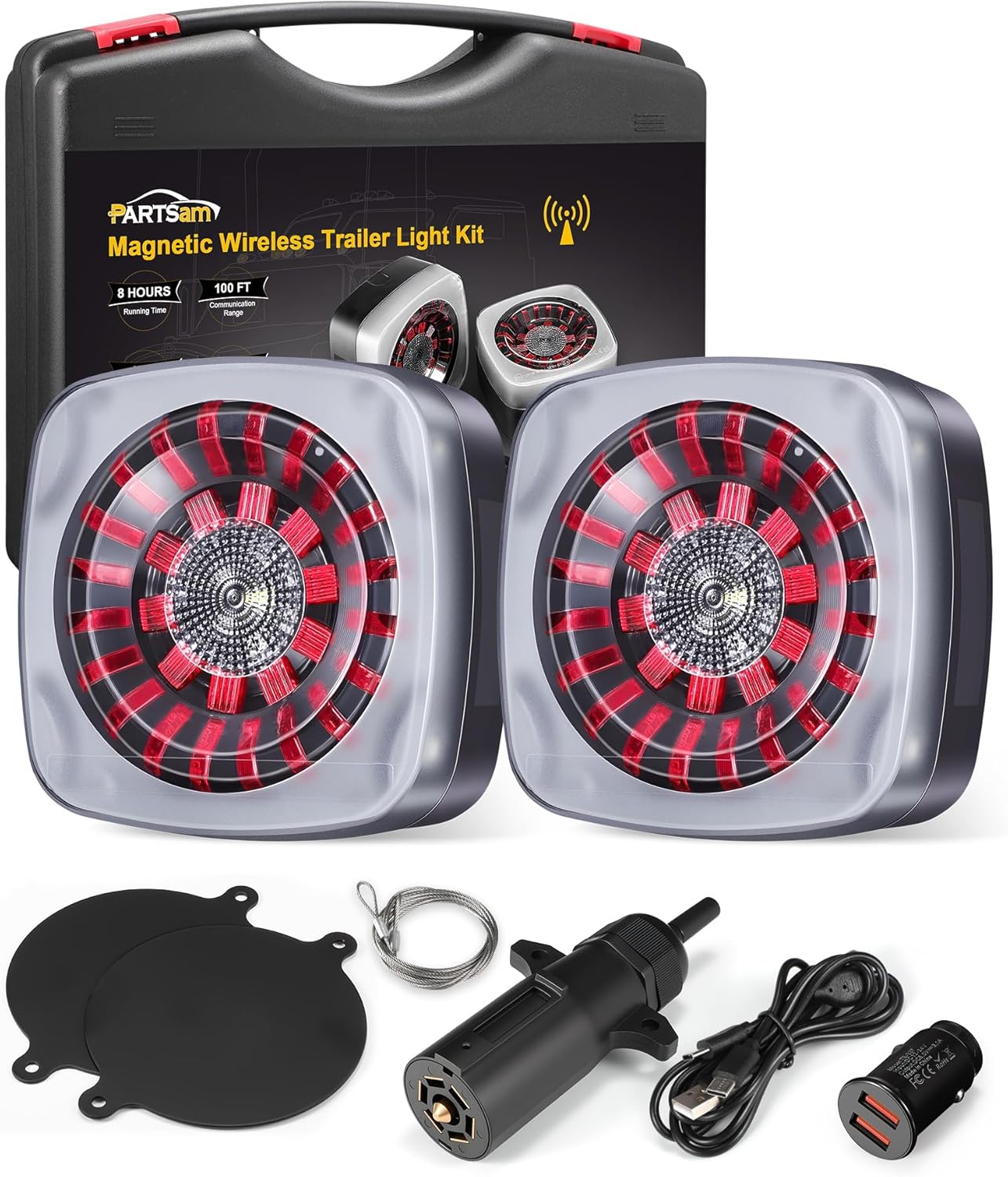 Partsam LED Wireless Trailer Lights Kit, Magnetic Tow Tail Lights Stop Brake Turn Running Reverse Light with License Plate Light USB Cable Charges for Trailers, Trucks, Boat, RV 12-24V