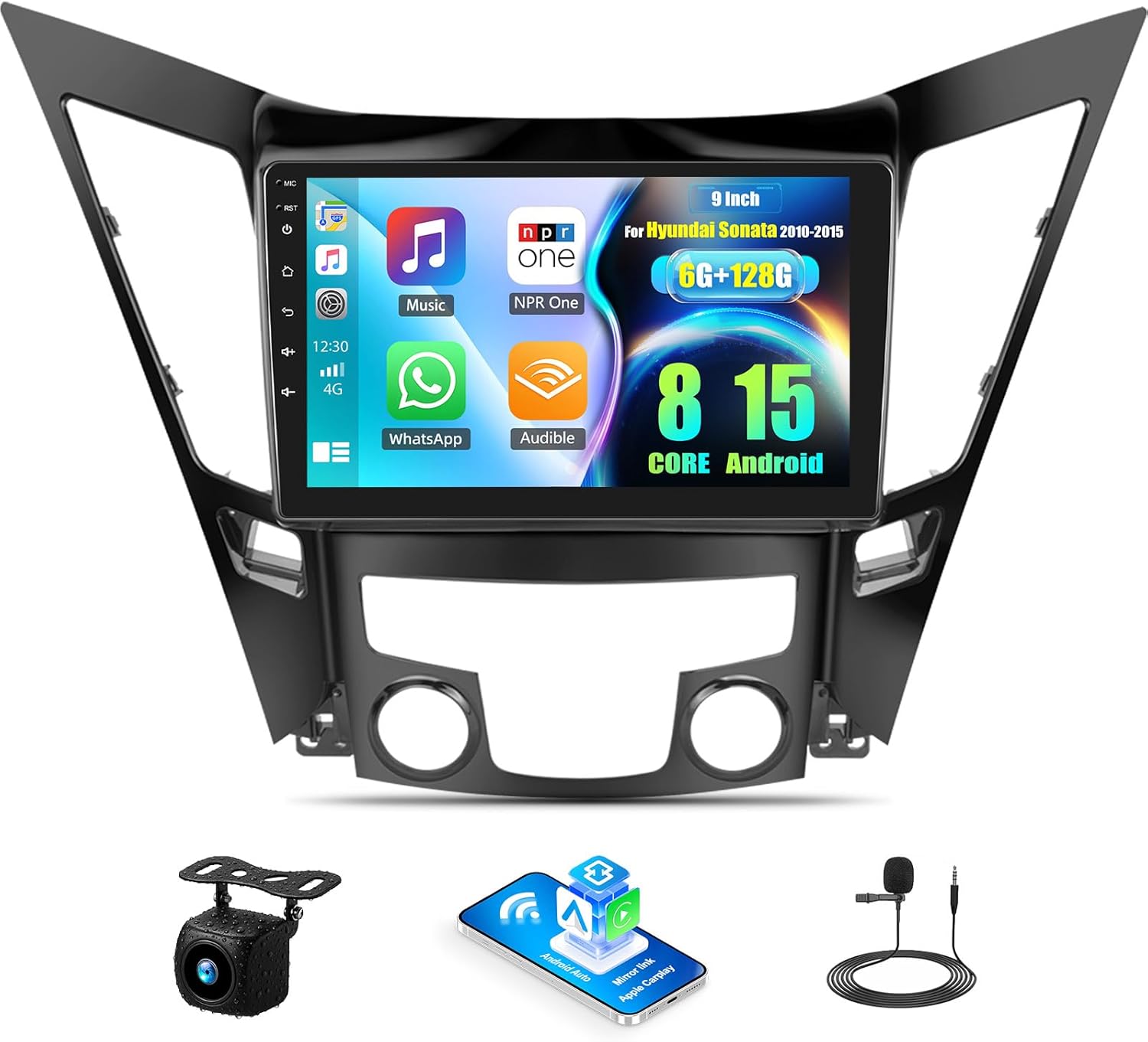 8 Core 6G+128G Android Car Stereo Radio for Hyundai Sonata 2010-2015 with 360° Panoramic View 9 Inch Touch Screen Wireless CarPlay Android Auto Backup Camera GPS Navigation WiFi