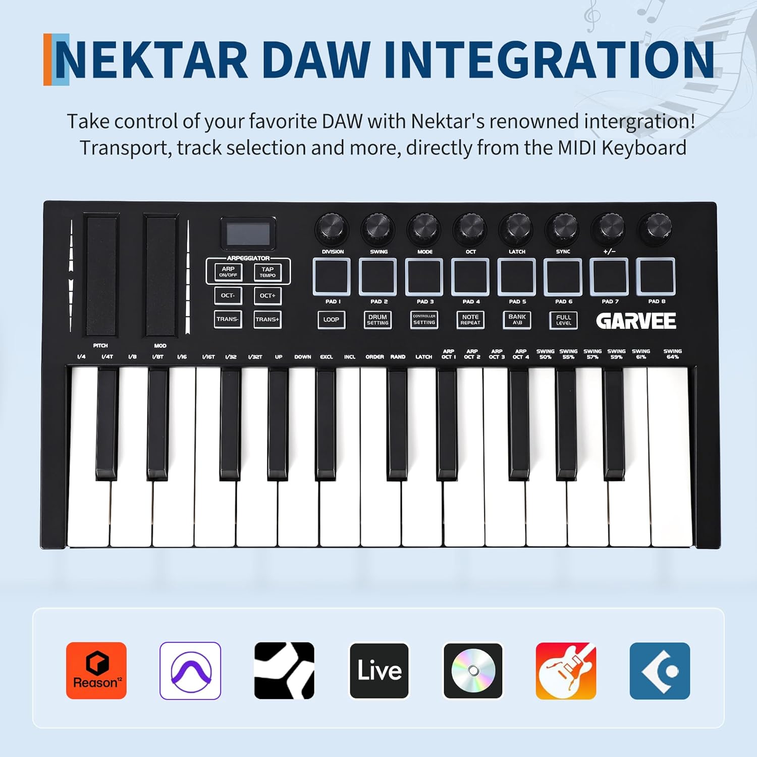 25-Key MIDI Keyboard Controller — Compact USB/DAW Integrated Keyboard with 8 Drum Pads, 8 Knobs & OLED Display. Ideal for Music Production