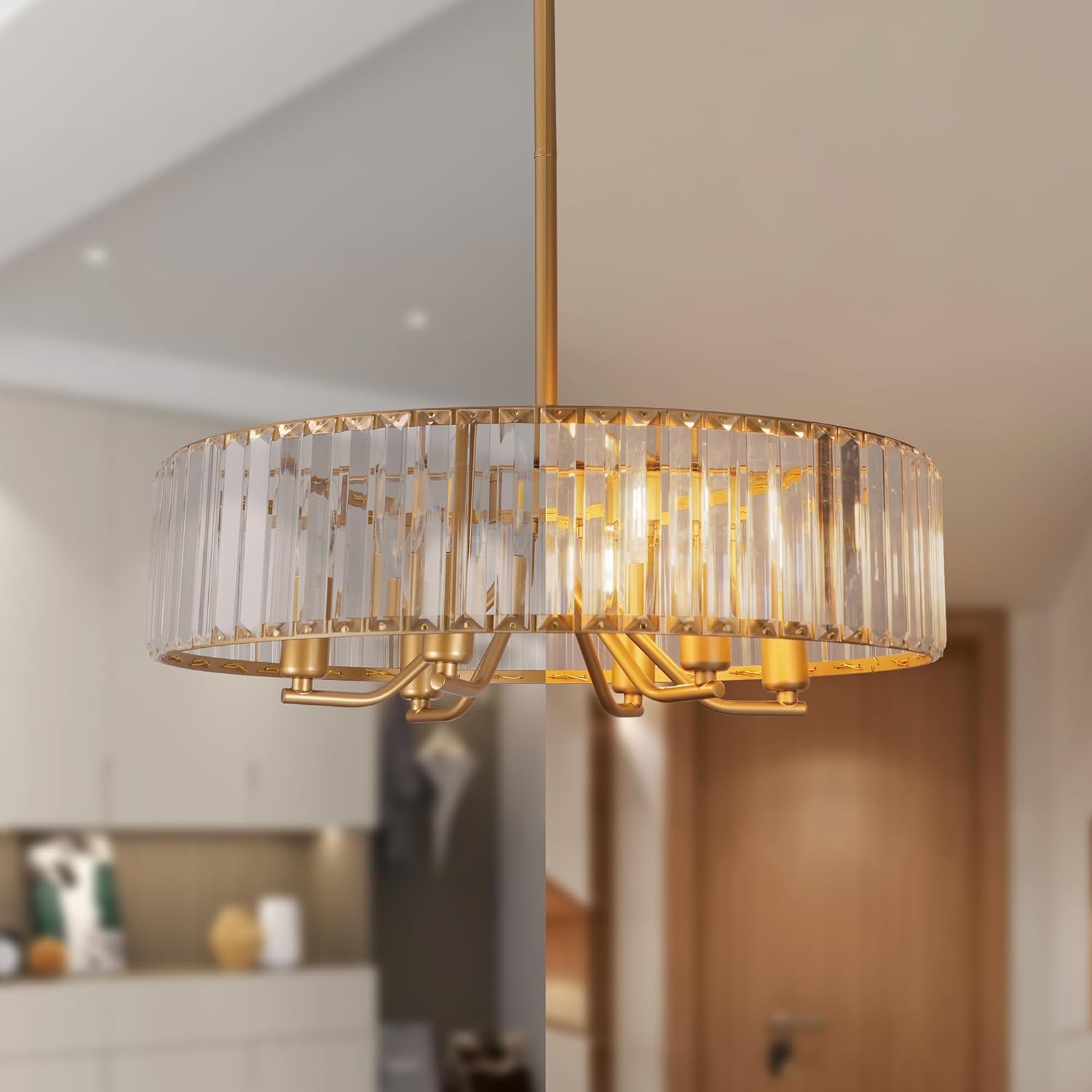 Gold Crystal Chandelier for Dining Room, 6-Light Modern Semi Flush Mount Chandelier Lighting Fixtures, Round Kitchen Hanging Drum Pendant Lights Ceiling for Bedroom Entryway Foyer, E12 Base, 19.7 Inch